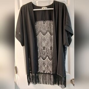 Monteau Los Angeles Kimono / Cover‑Up – Black Lace Back + Fringe – Size Large